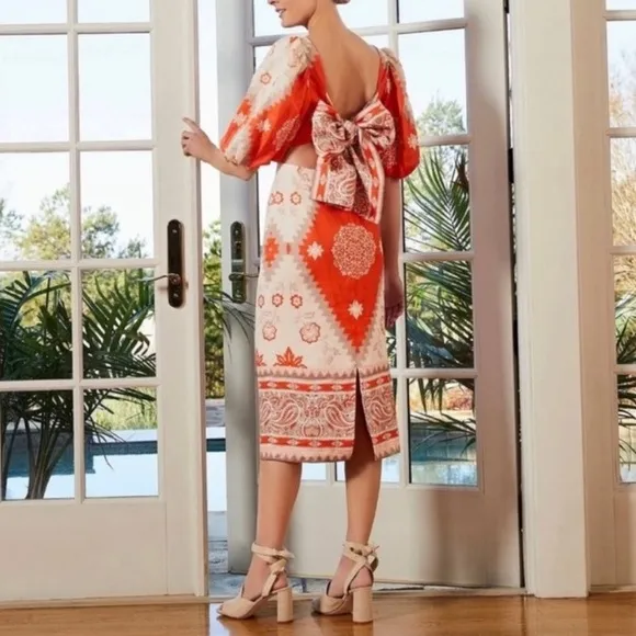 ANTONIO MELANI Akira Orange Cream Taupe Linen Open Back Midi Dress NWT