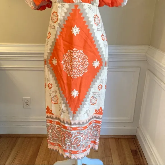 ANTONIO MELANI Akira Orange Cream Taupe Linen Open Back Midi Dress NWT