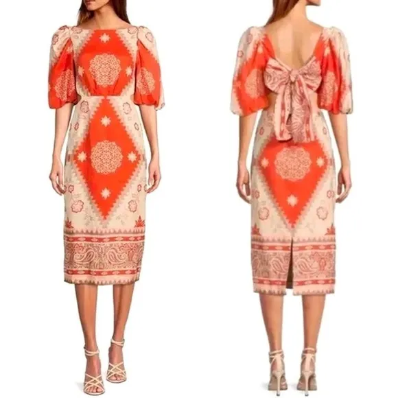 ANTONIO MELANI Akira Orange Cream Taupe Linen Open Back Midi Dress NWT