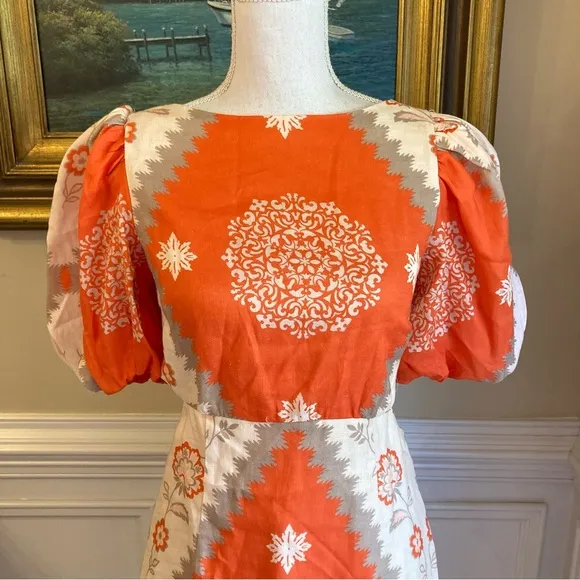 ANTONIO MELANI Akira Orange Cream Taupe Linen Open Back Midi Dress NWT