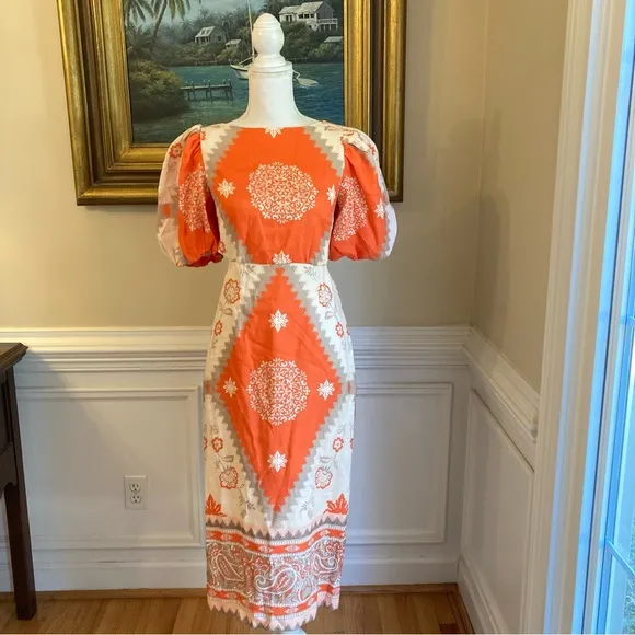 ANTONIO MELANI Akira Orange Cream Taupe Linen Open Back Midi Dress NWT
