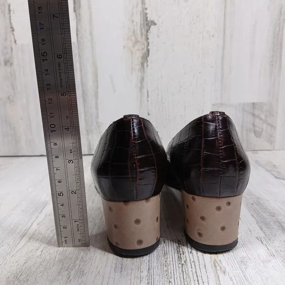 Anyi Lu Brown Leather Crocodile &amp; Ostrich Block Heels #927