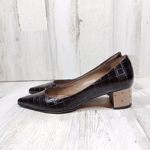 Anyi Lu Brown Leather Crocodile &amp; Ostrich Block Heels #927