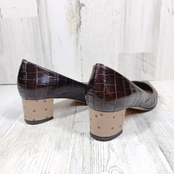 Anyi Lu Brown Leather Crocodile &amp; Ostrich Block Heels #927