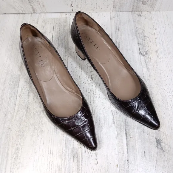 Anyi Lu Brown Leather Crocodile &amp; Ostrich Block Heels #927