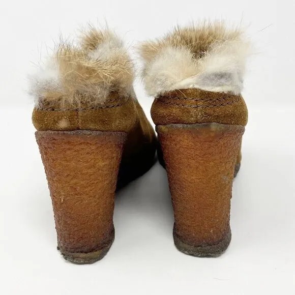 APEPAZZA | Brown Suede Wedge Mules Fur Trim 8.5