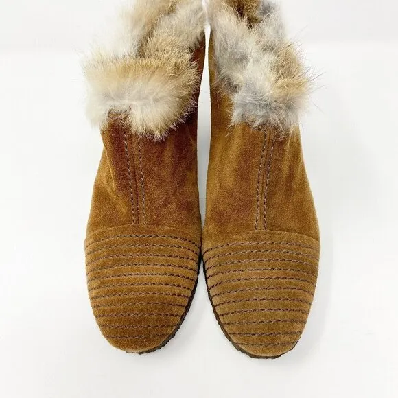 APEPAZZA | Brown Suede Wedge Mules Fur Trim 8.5