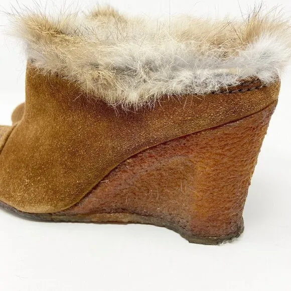 APEPAZZA | Brown Suede Wedge Mules Fur Trim 8.5