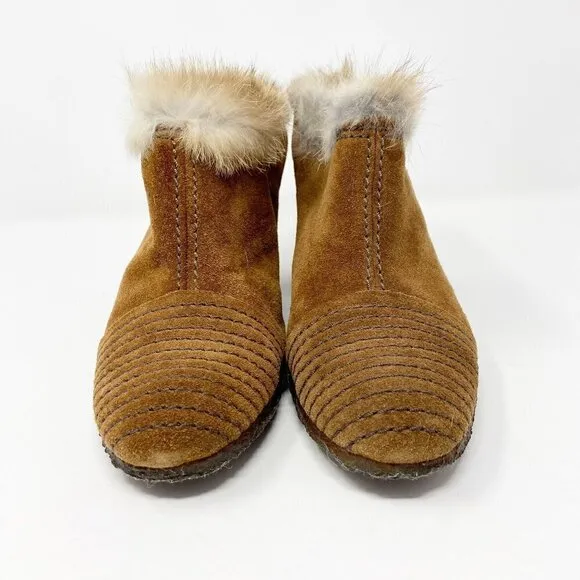 APEPAZZA | Brown Suede Wedge Mules Fur Trim 8.5