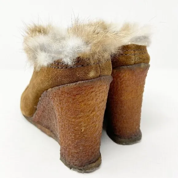 APEPAZZA | Brown Suede Wedge Mules Fur Trim 8.5