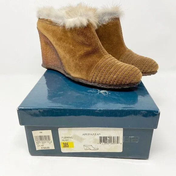 APEPAZZA | Brown Suede Wedge Mules Fur Trim 8.5