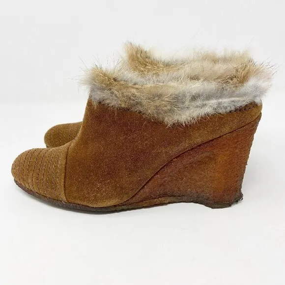 APEPAZZA | Brown Suede Wedge Mules Fur Trim 8.5