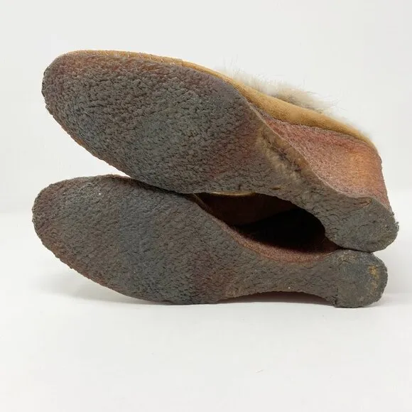 APEPAZZA | Brown Suede Wedge Mules Fur Trim 8.5