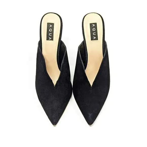 Aqua Women's Flare Mules Suede Pointed Toe High-Heel Black Size 9 (MSRP $99)