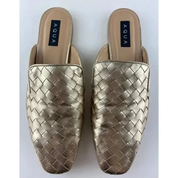 Aqua Womens Woven Padded Kiara Square Toe Slip On Leather Mules Gold Size 9.5 M