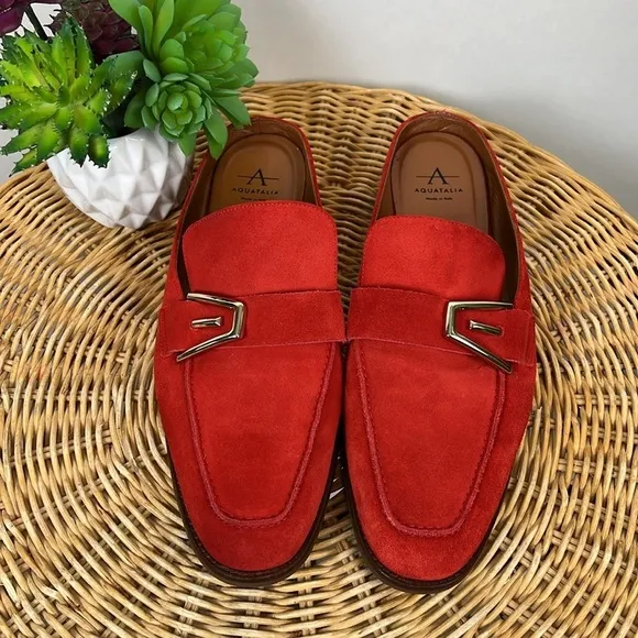 Aquatalia Mules Loafer Slip On Leather Suede Orange Buckle 7.5