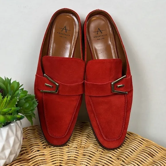 Aquatalia Mules Loafer Slip On Leather Suede Orange Buckle 7.5