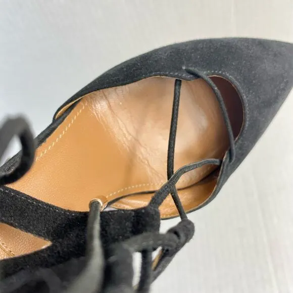 AQUAZZURA Belgravia Heels Suede Lace Up Point Toe Black Strappy Heels Stiletto 8