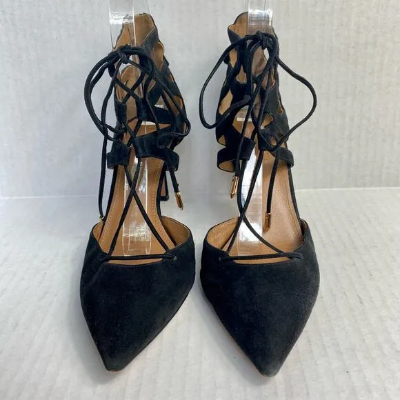 AQUAZZURA Belgravia Heels Suede Lace Up Point Toe Black Strappy Heels Stiletto 8