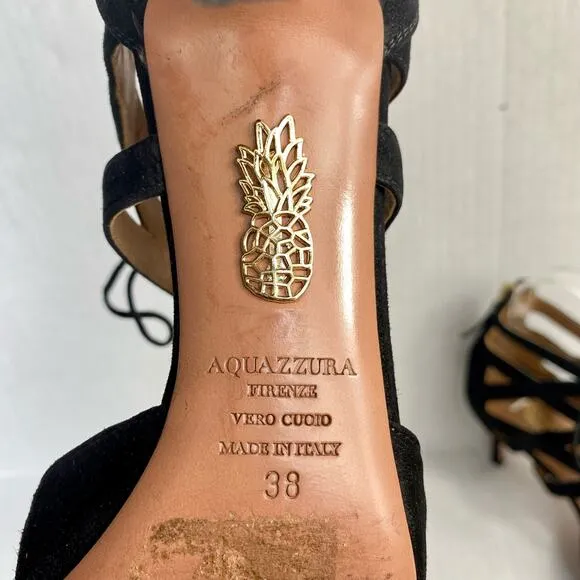 AQUAZZURA Belgravia Heels Suede Lace Up Point Toe Black Strappy Heels Stiletto 8