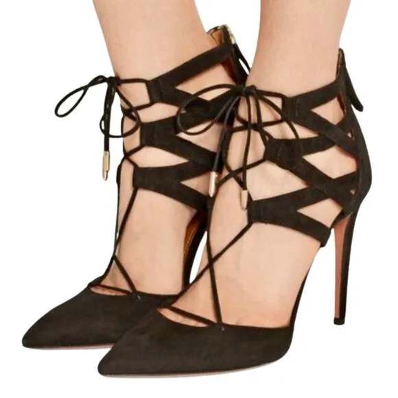 AQUAZZURA Belgravia Heels Suede Lace Up Point Toe Black Strappy Heels Stiletto 8