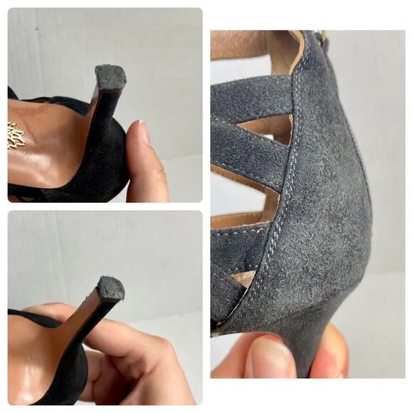 AQUAZZURA Belgravia Heels Suede Lace Up Point Toe Black Strappy Heels Stiletto 8