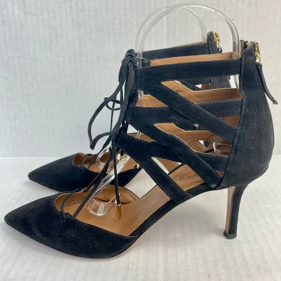 AQUAZZURA Belgravia Heels Suede Lace Up Point Toe Black Strappy Heels Stiletto 8