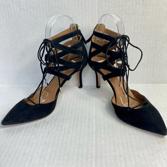 AQUAZZURA Belgravia Heels Suede Lace Up Point Toe Black Strappy Heels Stiletto 8