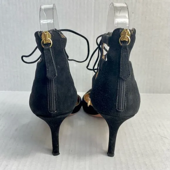 AQUAZZURA Belgravia Heels Suede Lace Up Point Toe Black Strappy Heels Stiletto 8