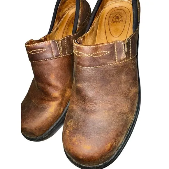 Ariat Santa Cruz Clog Mules Slip On Round Toe Heeled Career Leather Brown 9B