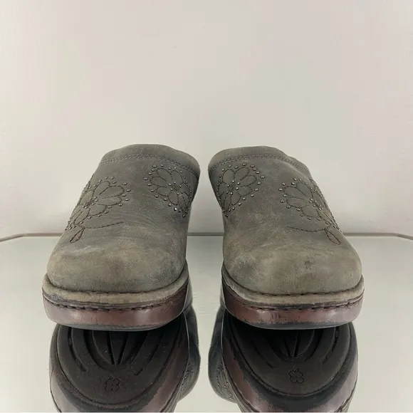 ARIAT Womens Grey Green Suede Leather Floral Stitchwork Studded Clog Mules