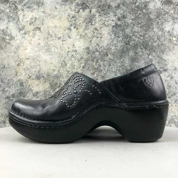Ariat Women's Size 8B Black Leather Closed Toe Studded Slip On Heeled Clogs