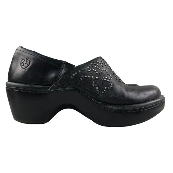 Ariat Women's Size 8B Black Leather Closed Toe Studded Slip On Heeled Clogs