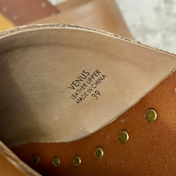 Ash Venus Wooden Wedge Leather Peep Toe Mules in Tan