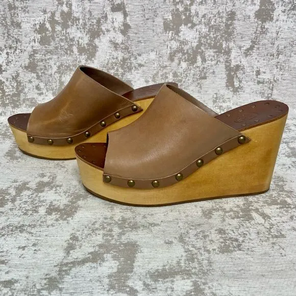 Ash Venus Wooden Wedge Leather Peep Toe Mules in Tan