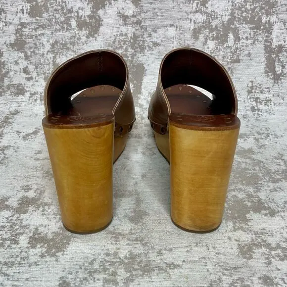 Ash Venus Wooden Wedge Leather Peep Toe Mules in Tan