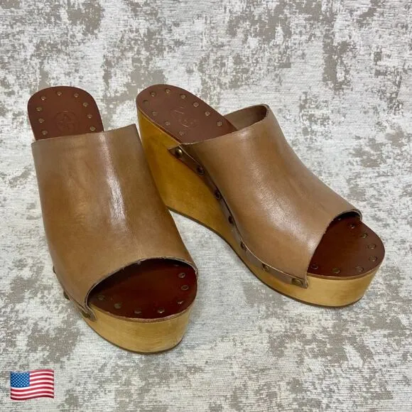 Ash Venus Wooden Wedge Leather Peep Toe Mules in Tan