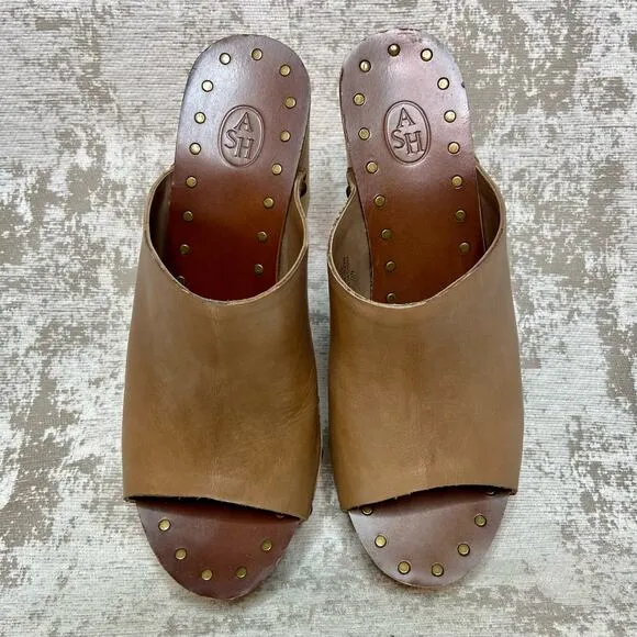 Ash Venus Wooden Wedge Leather Peep Toe Mules in Tan