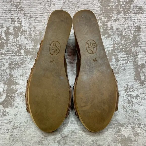 Ash Venus Wooden Wedge Leather Peep Toe Mules in Tan