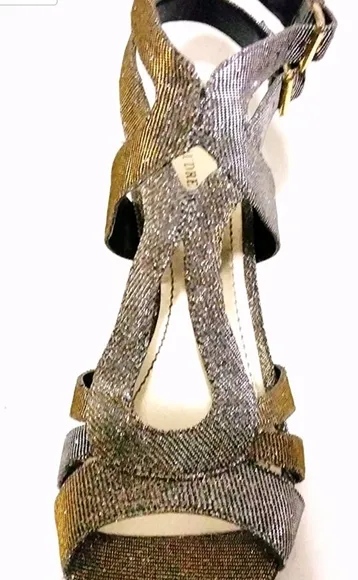 AUDREY BROOKE LATTICE SHIMMER GOLD/SILVER STRAPPY HEELS OPEN TOE WOMENS …
