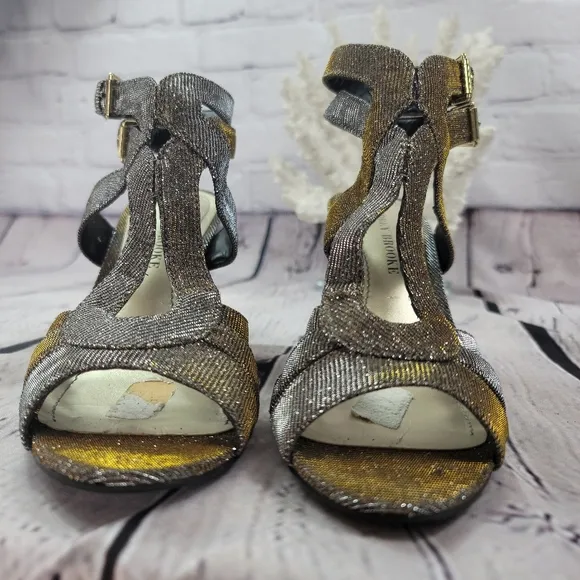 AUDREY BROOKE LATTICE SHIMMER GOLD/SILVER STRAPPY HEELS OPEN TOE WOMENS …