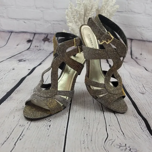 AUDREY BROOKE LATTICE SHIMMER GOLD/SILVER STRAPPY HEELS OPEN TOE WOMENS …
