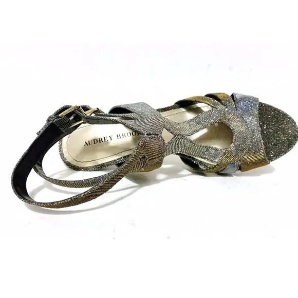 AUDREY BROOKE LATTICE SHIMMER GOLD/SILVER STRAPPY HEELS OPEN TOE WOMENS …