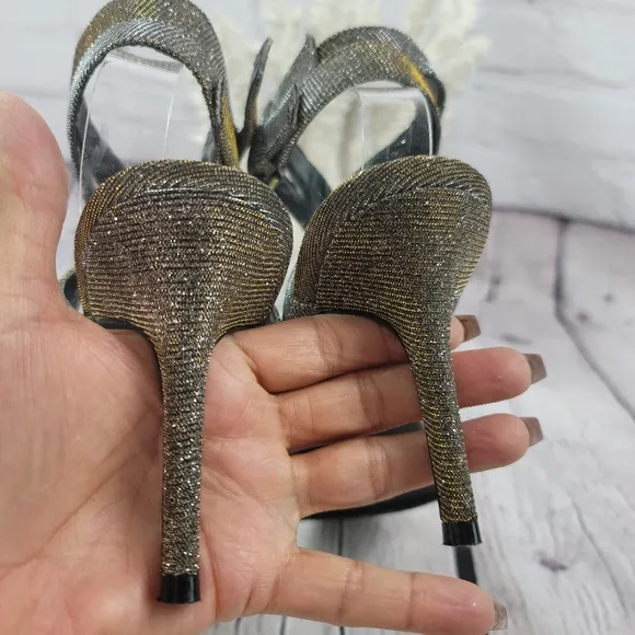 AUDREY BROOKE LATTICE SHIMMER GOLD/SILVER STRAPPY HEELS OPEN TOE WOMENS …