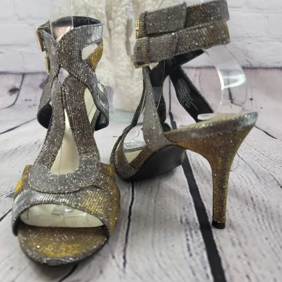 AUDREY BROOKE LATTICE SHIMMER GOLD/SILVER STRAPPY HEELS OPEN TOE WOMENS …