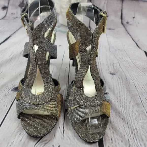 AUDREY BROOKE LATTICE SHIMMER GOLD/SILVER STRAPPY HEELS OPEN TOE WOMENS …