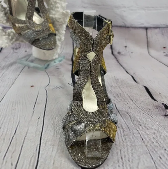 AUDREY BROOKE LATTICE SHIMMER GOLD/SILVER STRAPPY HEELS OPEN TOE WOMENS …