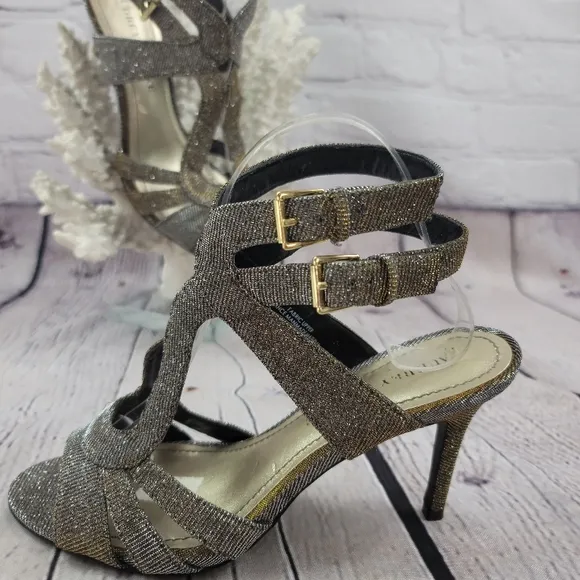 AUDREY BROOKE LATTICE SHIMMER GOLD/SILVER STRAPPY HEELS OPEN TOE WOMENS …
