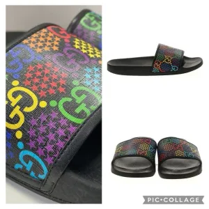 AUTH GUCCI GG Monogram Psychedelic Slides Sandals Multicolor Sz M 10/ W 12 EUC
