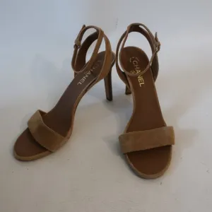 Authentic Womens Chanel Tan Suede Strappy Ankle Strap Heels 41 US/10